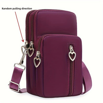 Mini Heart Zipper Phone Bag, Nylon Canvas Crossbody Bag, Multi Layer Zipper Around Purse (3.54*6.7*2.36) Inch