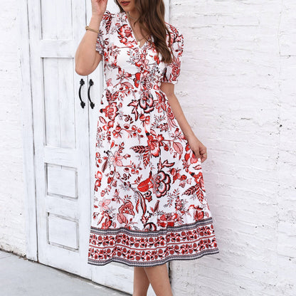 solvbao  Floral Print Surplice Neck Dress, Elegant Short Sleeve Dress For Spring & Summer, Women's Clothing