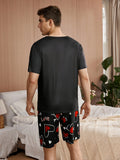 2 Pcs Men's I LOVE MY GF Print Round Neck Short Sleeve & Shorts Pajama Set, Comfortable & Skin-friendly Style Pajamas For Men's Cozy Loungewear