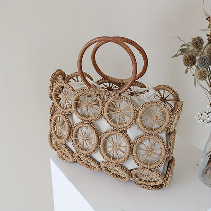 solvbao  Vintage Straw Woven Tote Bags, Handmade Holiday Beach Bags, Hollow Out Handbags With Inner Pouch