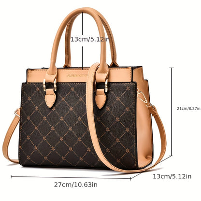 solvbao  Elegant Argyle Print Tote Bag, Fashion PU Leather Crossbody Bag, Women's Office & Work Purse