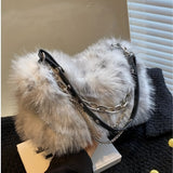 Y2K Plush Hobo Bag For Women, Trendy Chain Crossbody Bag, Fluffy Handbag & Purses