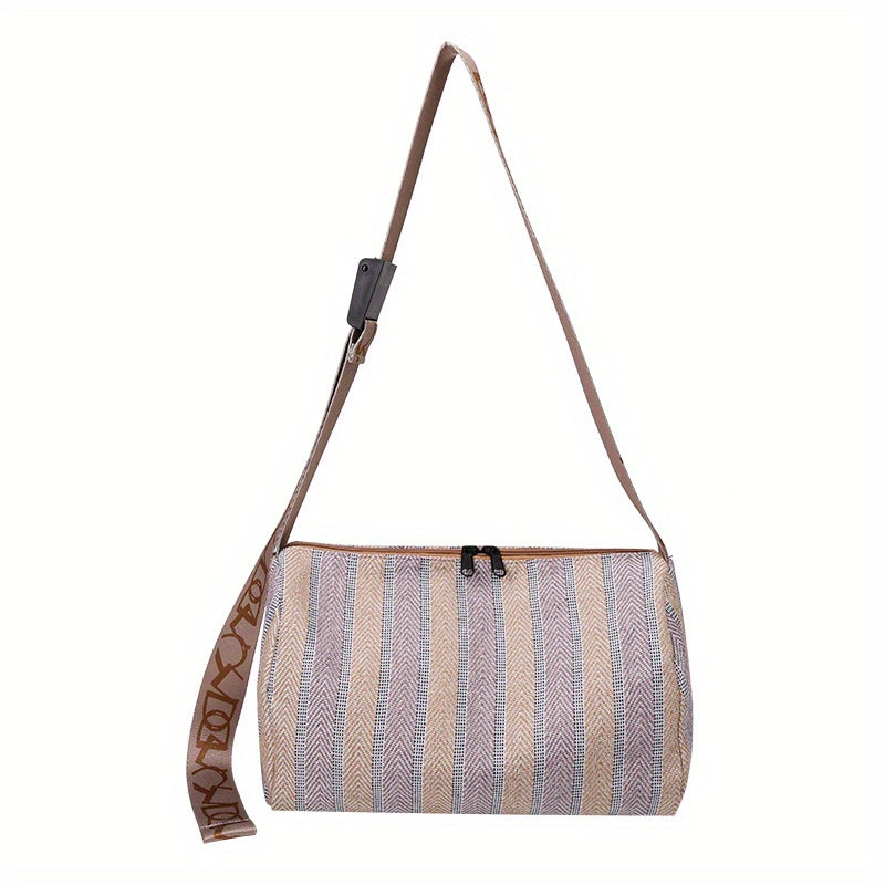 solvbao  Vintage Striped Pattern Shoulder Bag, Ethnic Zipper Crossbody Bag, Women's Bohemian Travel Bag