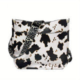 solvbao Leopard Print Straps Crossbody Bag, Solid Color Saddle Bag, Shoulder Zipper Bag For Work