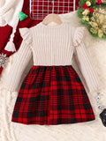 Girls' Christmas Bowknot Long Sleeve Round Neck Dress, Knitted Stretch Polyester Fabric, Regular Fit, Fashion Plaid Pattern, Spring/Autumn Season, Casual Style, Children'S Clothing