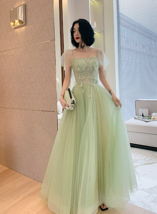 solvbao Beautiful Green Tulle Long Prom Dress with Lace, Green Evening Party Dresses