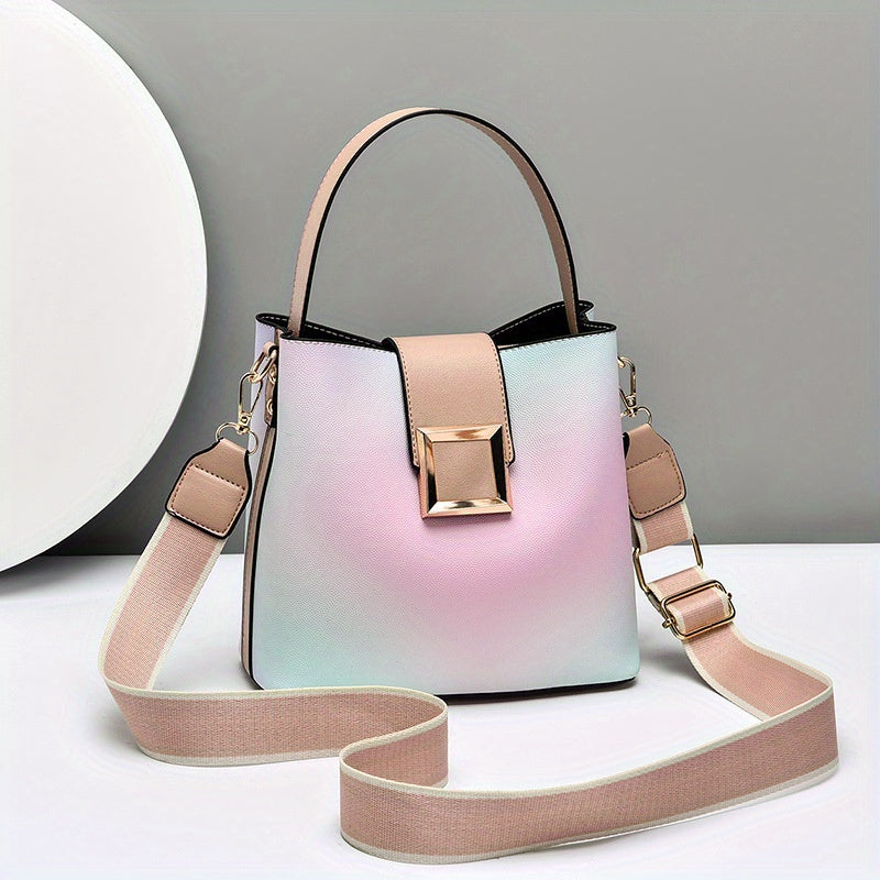 solvbao  Fashion Ombre Bucket Handbags, Buckle Decor Crossbody Bag, Wide Strap Shoulder Purses