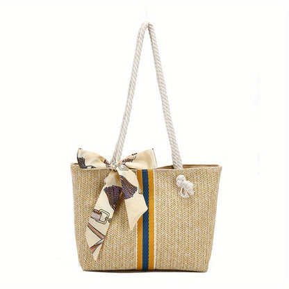 solvbao  Striped Pattern Straw Tote Bag, Travel Beach Shoulder Bag, Simple Bag With Scarf Decor