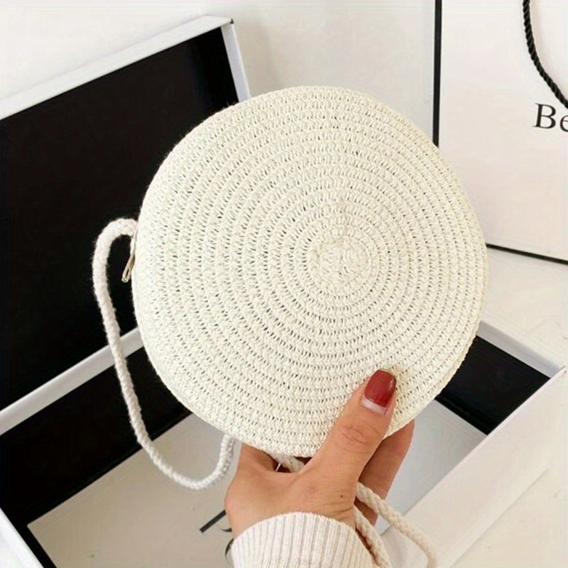 solvbao Straw Woven Round Crossbody Bag, Solid Color Handmade Beach Bag, Women's Simple Seaside Travel Handbag & Purse For Vacation