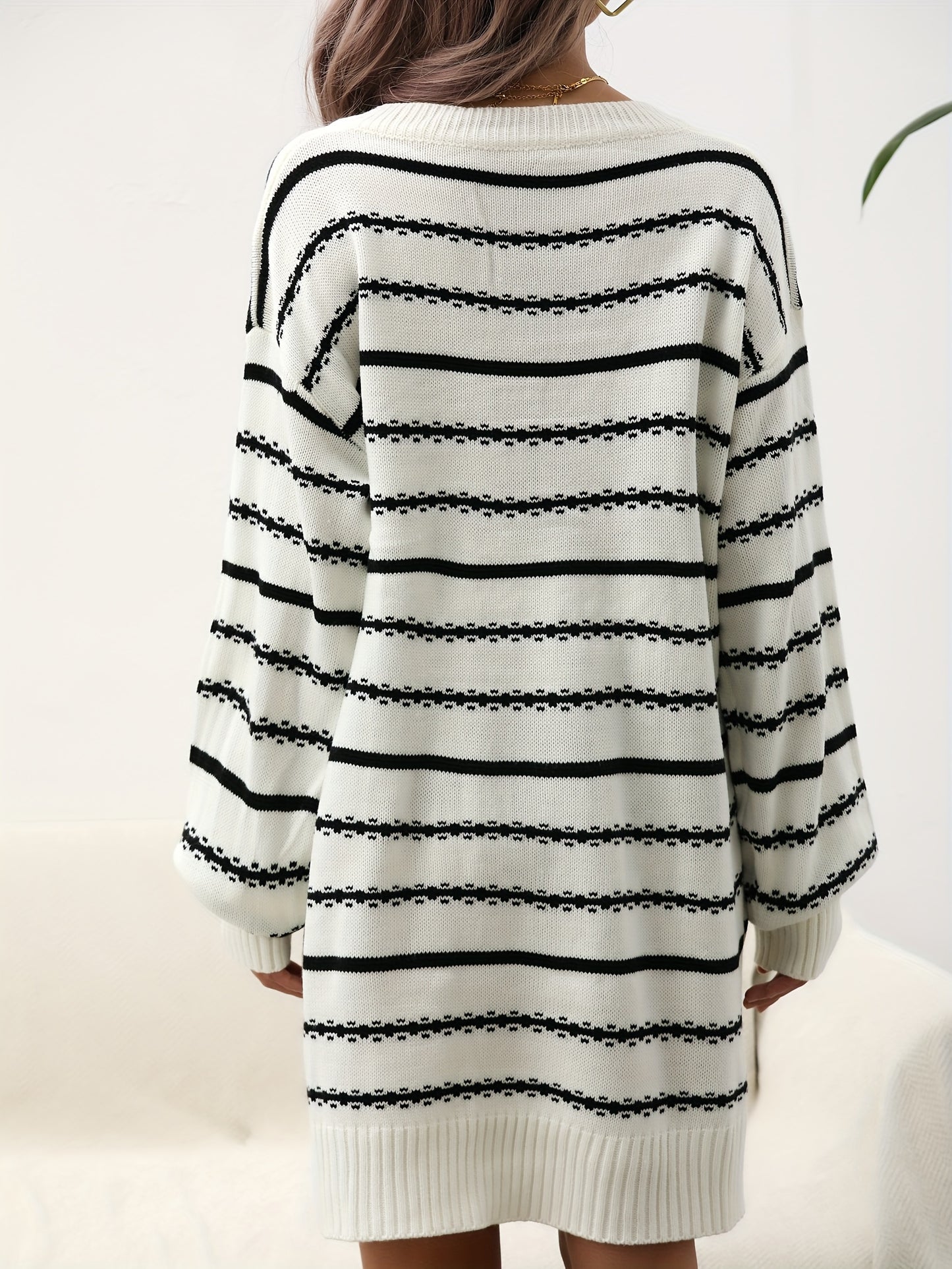 solvbao  Striped Pattern Drop Shoulder Dress, Casual V Neck Long Sleeve Dress, Women's Clothing