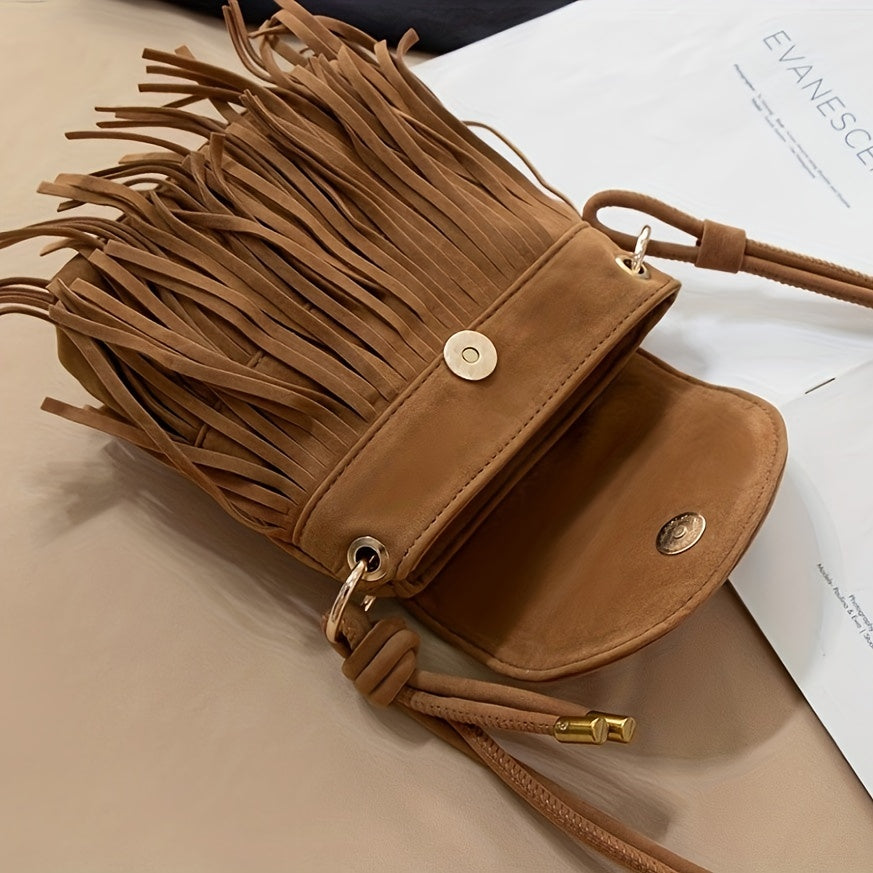 solvbao Mini Suede Crossbody Bag, Boho Style Tassel Flap Purse, Vintage Fringe Phone Bag For Women