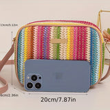 Trendy Colorful Straw Square Bag, Zipper Shoulder Bag, Stylish Niche Woven Crossbody Bag