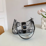 solvbao  Y2K Denim Crossbody Handbag, Chain Decor Shoulder Bag, Buckle Decor Stitch Chain Baguette Bag