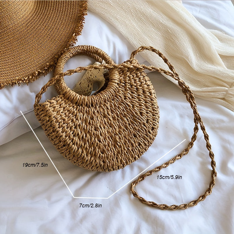 solvbao  Simple Woven Drawstring Shoulder Bag, Minimalist Straw Crossbody Bag With Scarf Decor