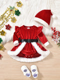 Baby's Christmas Style Elegant Long Sleeve Fuzzy Trim Romper Dress + Hat + Belt, Toddler & Infant Girl's Outdoor Clothing