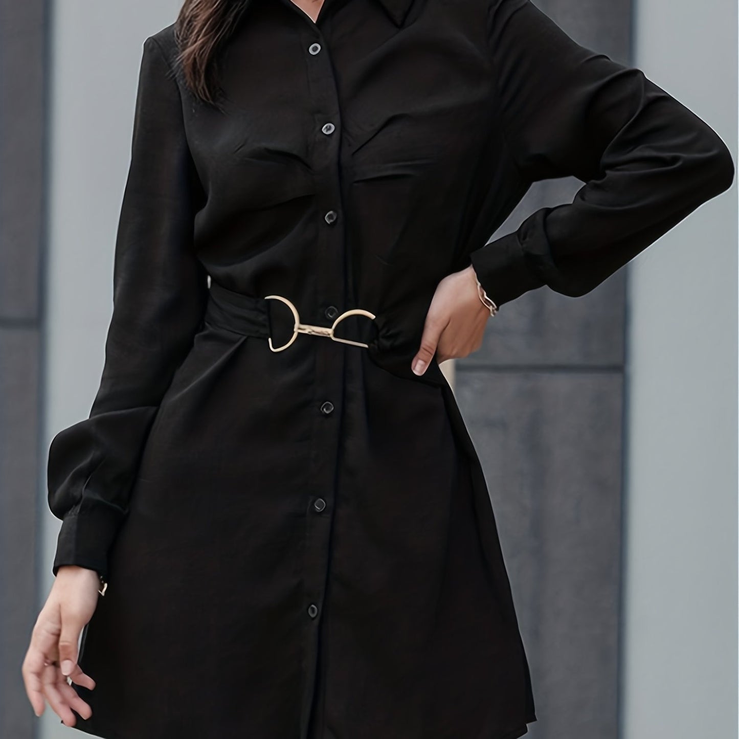 solvbao  Button Front Solid Shirt Dress, Casual Long Sleeve Mini Dress, Women's Clothing