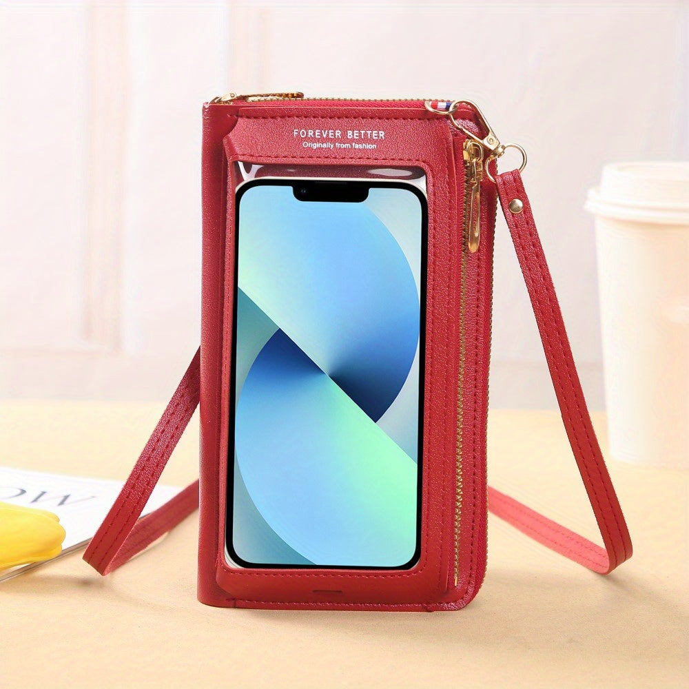 Mini Zip Around Crossbody Wallet, Touchable Screen Mobile Phone Bag, Women's PU Leather Coin Purse (7.8*4.3*1.6) Inch