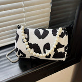 Trendy Cow Tattoos Mini Crossbody Bag, Canvas Zipper Handbag With Faux Pearls Handle, Perfect Shoulder Bag For Daily Use