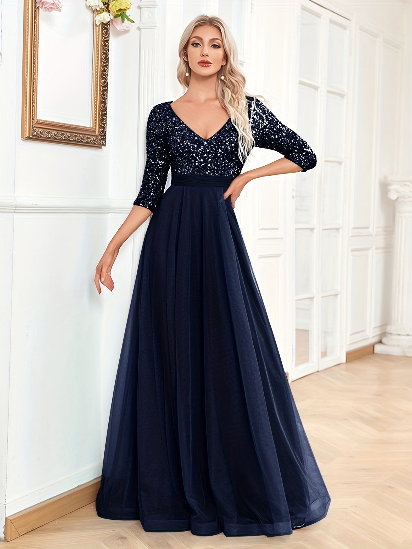 solvbaoV-neck Contrast Sequin Long Dress, Elegant Chiffon Half Sleeve Waist Evening Gown Prom Party Dresses, Women's Clothing