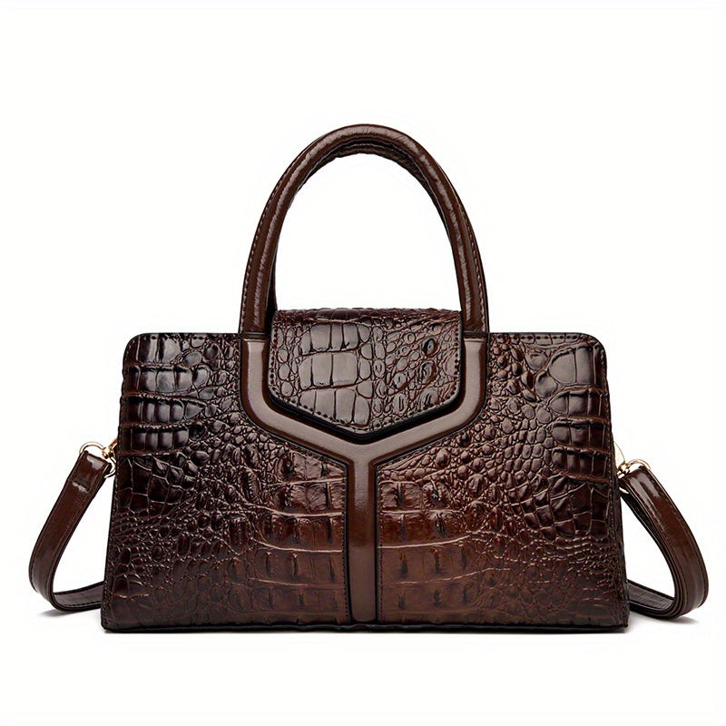 solvbao  Crocodile Embossed Handbag, Elegant PU Crossbody Bag, Top Handle Satchel Purse For Women