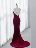 kamahe Simple Velvet Mermaid Burgundy Long Prom Dress, Burgundy Long Formal Dress