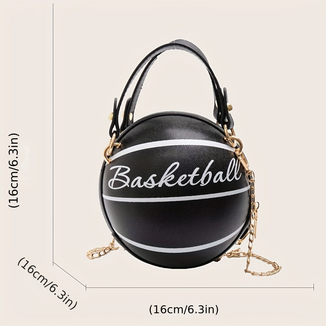 solvbao  Mini Letter Graphic Basketball Design Circle Bag, Fashion Chain Shoulder Round Purse, Hand Zipper Bag