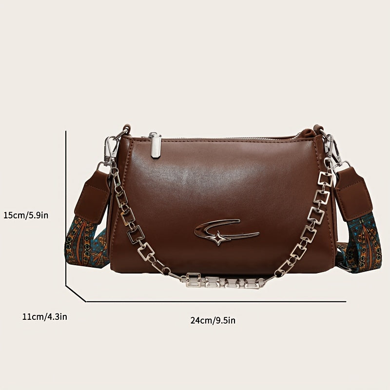 Retro Solid Color Crossbody Bag, Women's PU Leather Chain Purses, Fashion Shoulder Bag With Wide Ethnic Strap