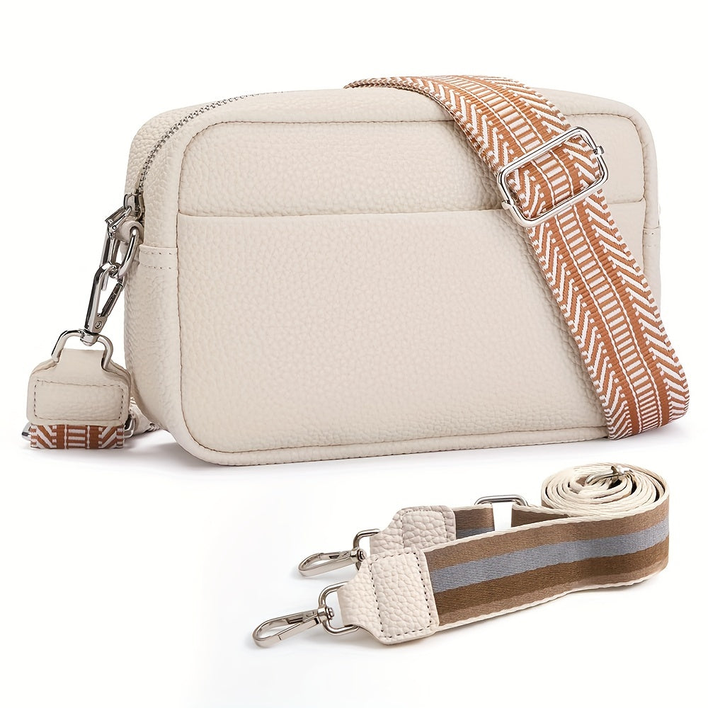 solvbao Minimalist Solid Color Square Shoulder Bag, Classic Zipper Purse With Wide Geometric Pattern Strap