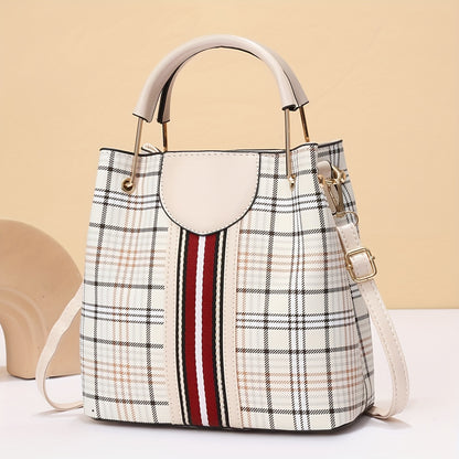 solvbao  Fashion Plaid Bucket Bag, PU Leather Zipper Handbag, Perfect Shoulder Bag For Dating And Shopping