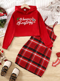 2pcs MERRY CHRISTMAS Print Girl's Hoodie & Plaid Pattern Trendy Christmas Outfit Sundress Set for Spring Autumn