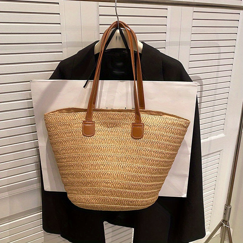 solvbao  Straw Woven Tote Bag, Bamboo Handle Beach Bag, Boho Style Handbag For Travel Vacation