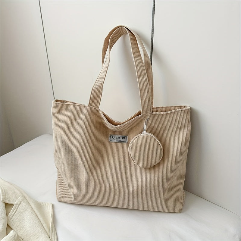 solvbao  Casual Corduroy Tote Bag, Minimalist Shoulder Bag, All-Match Handbag With Mini Round Purse