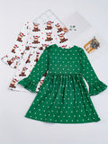 2-Piece Festive Girls' Christmas Outfit - Splicing Polka Dot Print Flare Sleeve Dress & Snowman Print Crew Neck Dress - Holiday, Fall, Kids' Clothing Set for Girls