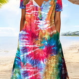 Plus Size Tie Dye Charm - Womens Casual Henley Dress with Stretch & Pockets for a Flattering Fit