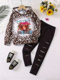 2pcs Yak Graphic Leopard Print Hoodies + Pants Outdoor Set for Girls