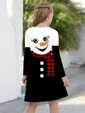 Children's Christmas Snowman Pattern Casual Knit Dress - Long Sleeve Polyester Winter Dress for Kids