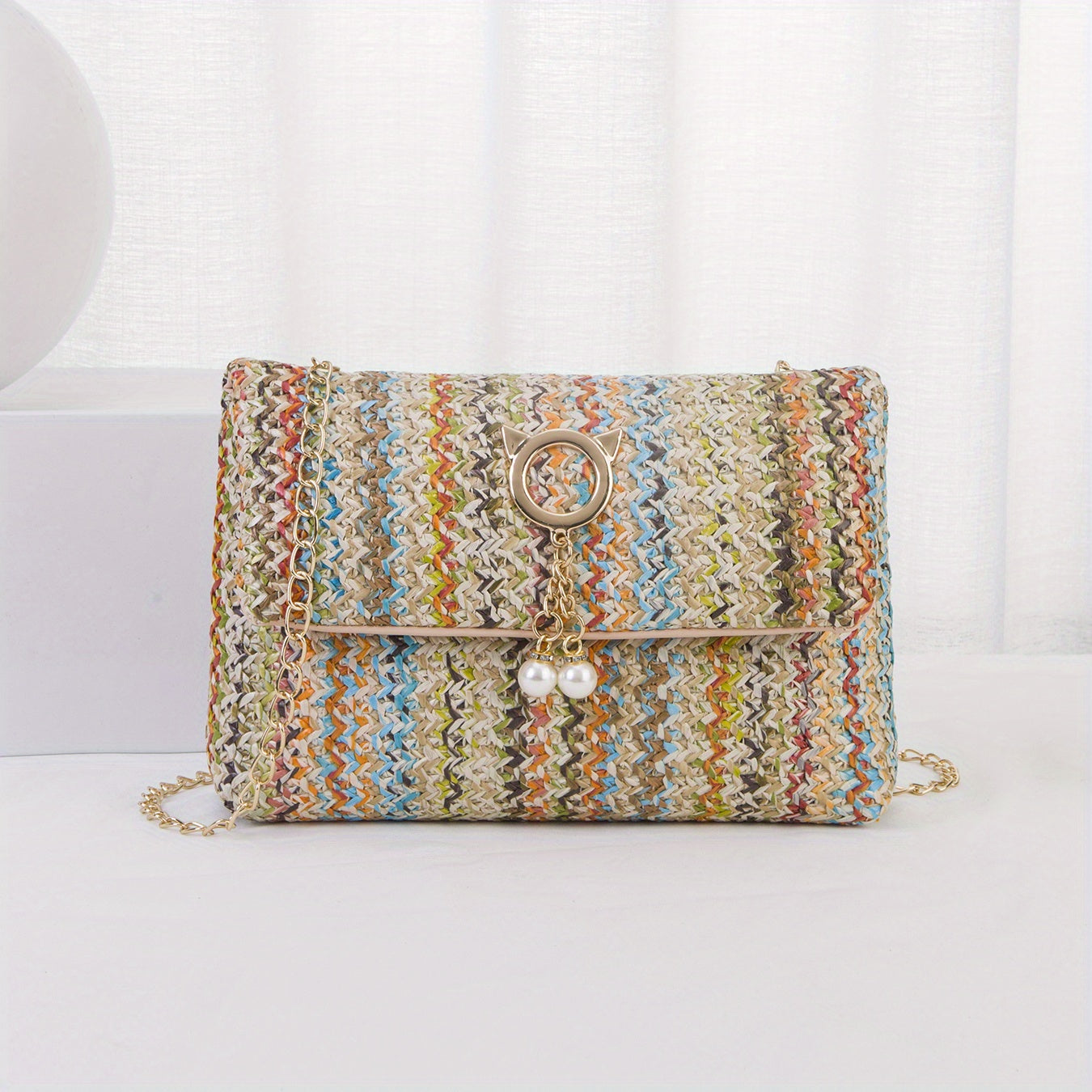 solvbao  Rainbow Straw Woven Beach Bag, Fashion Chain Crossbody Bag, Colorful Stripes Square Purse