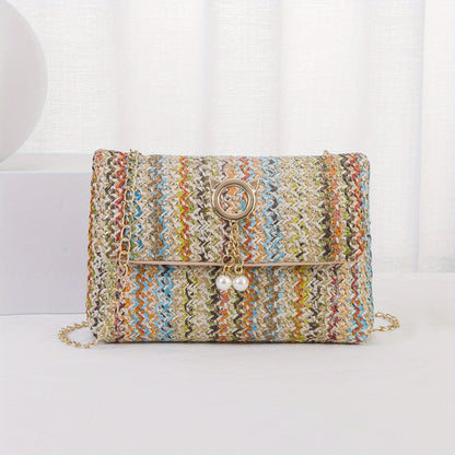 solvbao  Rainbow Straw Woven Beach Bag, Fashion Chain Crossbody Bag, Colorful Stripes Square Purse