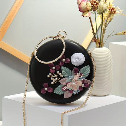 solvbao  Elegant Flower Decor Round Satchel Bag, All-Match Evening Bag, Women's Chain Bag For Party