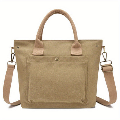 solvbao  Simple Canvas Tote Bag, Pocket Front Crossbody Bag, Portable Storage Handbags With Zipper