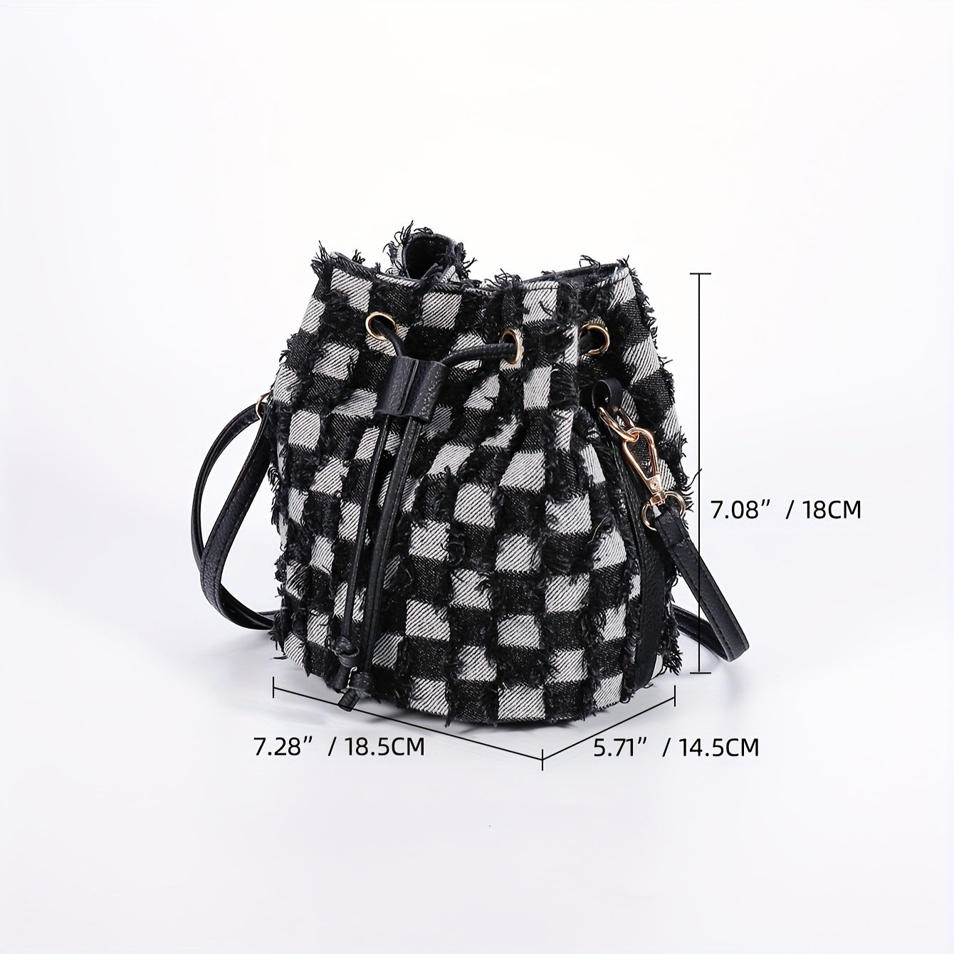 solvbao  Mini Plaid Print Bucket Bag, Vintage Denim Crossbody Bag, Women's Fashion Handbag, Shoulder Bag & Purse