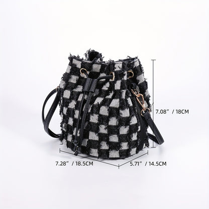 solvbao  Mini Plaid Print Bucket Bag, Vintage Denim Crossbody Bag, Women's Fashion Handbag, Shoulder Bag & Purse