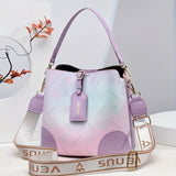 Trendy Ombre Bucket Bag, Letter Print Crossbody Bag, Fashion Buckle Decor Handbags, Women's Every Day Purses