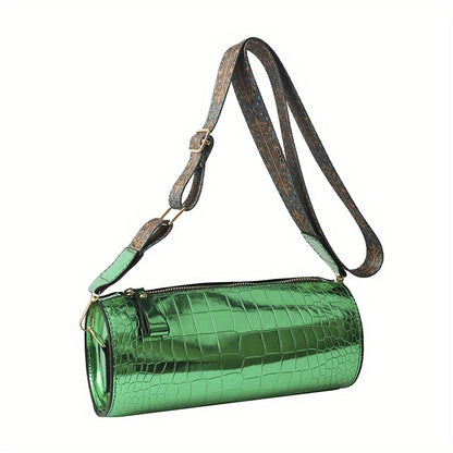 solvbao  Glossy Crocodile Pattern Bucket Bag, Metallic Color Crossbody Bag, Trendy Cylinder Purse With Wide Guitar Strap