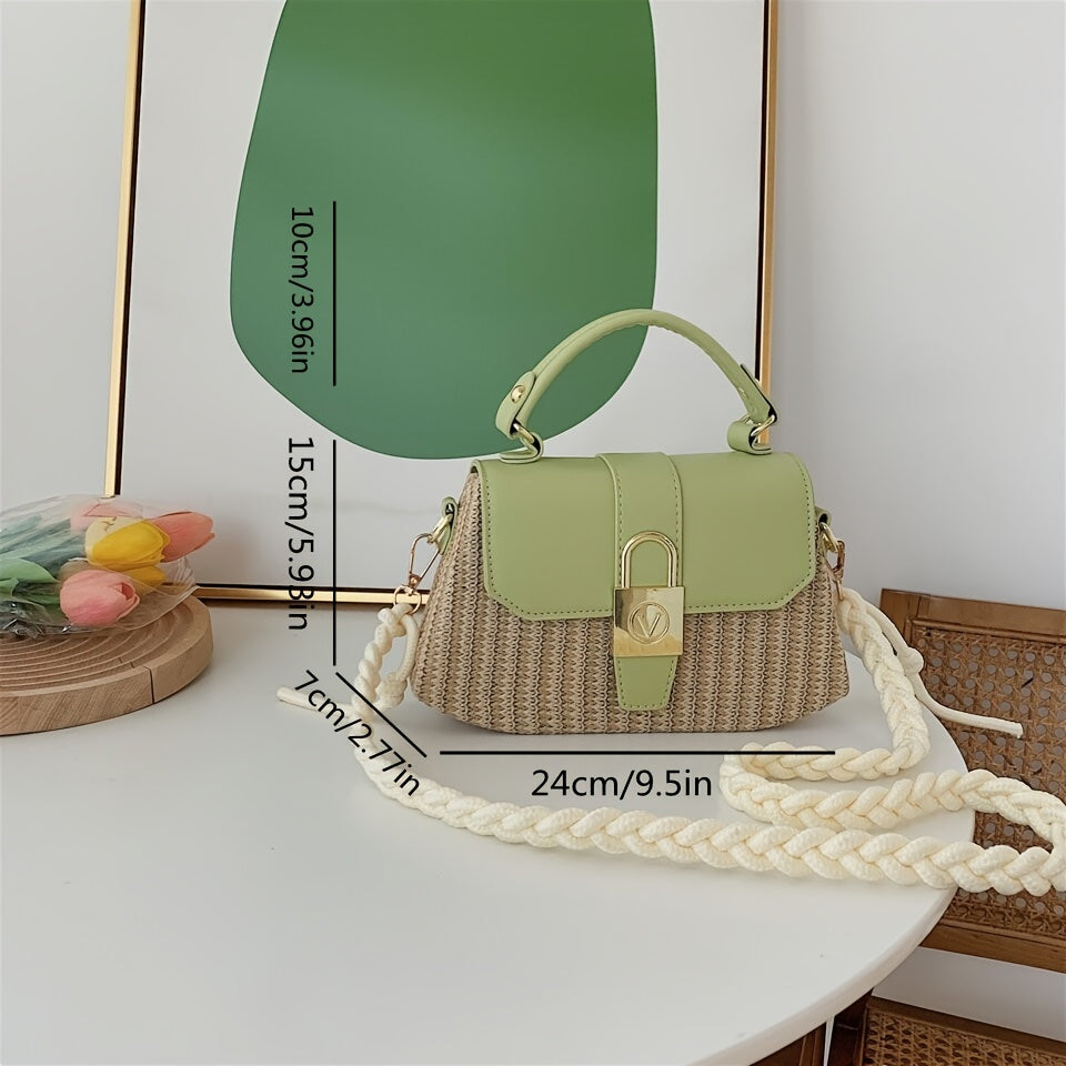 solvbao  Trendy Straw Crossbody Bag, Small Top Handle Flap Purse For Women, Travel Shoulder Box Bag With Braided Strap (9.5*5.93*2.77) Inch