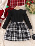 Girls' Christmas Bowknot Long Sleeve Round Neck Dress, Knitted Stretch Polyester Fabric, Regular Fit, Fashion Plaid Pattern, Spring/Autumn Season, Casual Style, Children'S Clothing