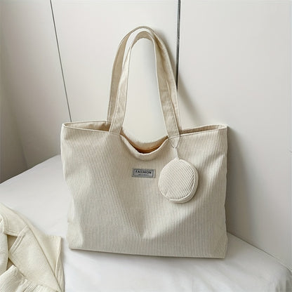 solvbao  Casual Corduroy Tote Bag, Minimalist Shoulder Bag, All-Match Handbag With Mini Round Purse