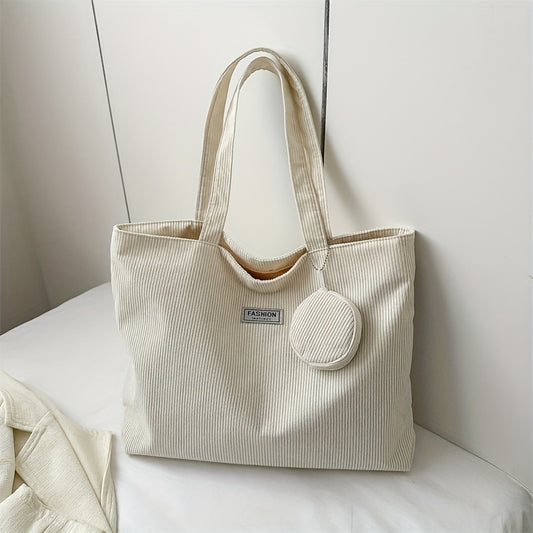 solvbao  Casual Corduroy Tote Bag, Minimalist Shoulder Bag, All-Match Handbag With Mini Round Purse