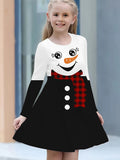 Children's Christmas Snowman Pattern Casual Knit Dress - Long Sleeve Polyester Winter Dress for Kids