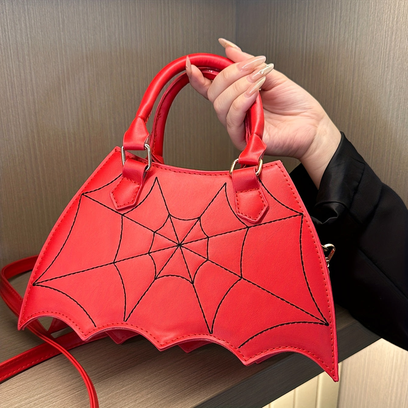 solvbao  Dark Style Y2K Bat Spider Web Handbag, Vintage Faux Leather Crossbody Bag, Halloween Party Purse For Women